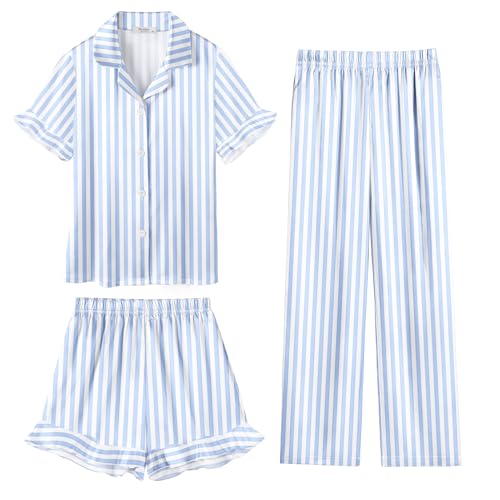 Arshiner Girls Pajamas Sets 3 Piece Silk Pjs Short Sleeve Sleepwear Satin Ruffle Nightwear Blue Stripes 7-8 Years