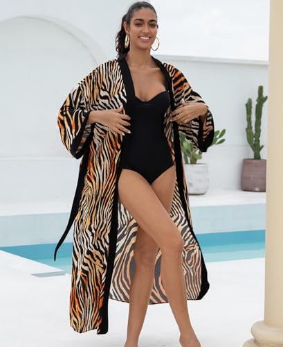 Tiger Print Long Kimono Cardigan for Women – Swimsuit Cover Up Beach Robe – Lightweight Open Front Bathing Suit Coverup, For under 150 lbs2