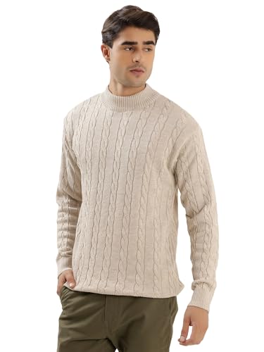 Image of Kvetoo Men's High Neck Cable Knit Sweater | Winter Pullover | Warm Wool Blend |Casual Full Sleeve Sweater for Men | Stylish Ribbed Neck Slim Fit Winterwear