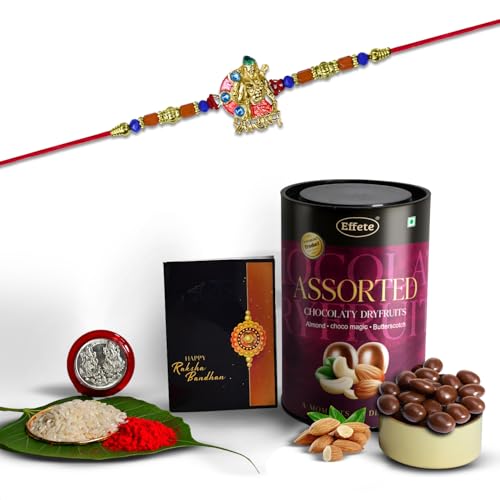 Image of DeoDap Multicolor Red Roli Chawal Rakhi Rakhi with Assorted Chocolate Dry Fruits 96gm, Silver Pooja Coin, Tilak Set, Greeting Card - Rakhi Gift for Brother
