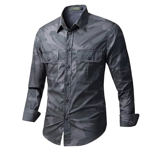 Shirts for Men Long Sleeve Button Shirts Camo Washed Military Shirt Camping Fishing Outdoor Tops with Pockets