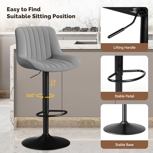Image of Nalupatio Bar Stools Set of 2, Adjustable Modern Swivel Bar Stools with Backs, Counter Height Performance Fabric Island Chairs for Home Kitchen, Dark Grey