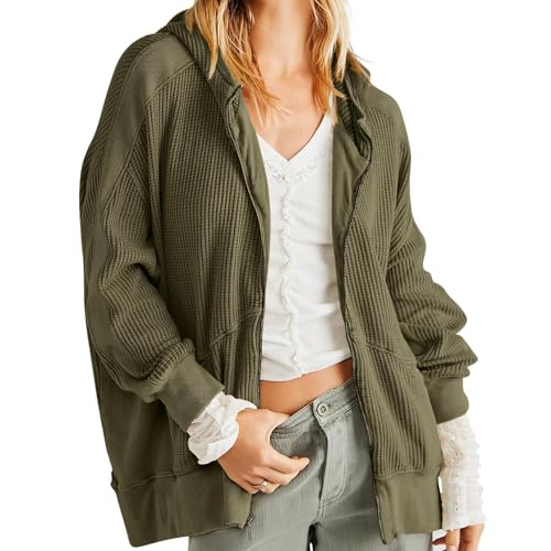 Womens Waffle Knit Jacket Oversized Zip Up Long Sleeve Hoodie Sweatshirt Fall Fashion Outwear Shacket with Pockets