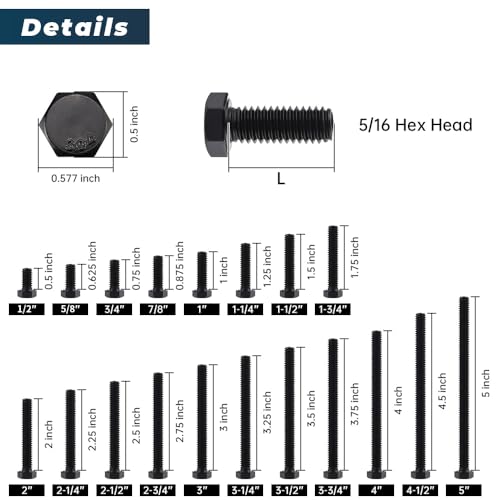 Image of Glvaner 5 /16-18 x 1 inch Stainless Steel Hex Head Screws Bolts, Black Coated, 304 Stainless Steel 18-8, Hexagon Head Bolts, Full Thread, 12 pcs