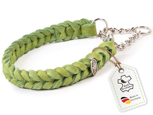 CopcoPet Fettleder Halsband 40–45cm x 20mm Apfelgrün – Geflochten mit Zugstopp-Kette – Robust & weich – Verchromte Kette – Lederhalsband für mittelgroße Hunde, Training & Alltag