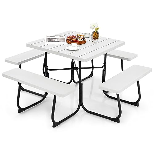 Image of Tangkula 8 Person Picnic Table, Outdoor Square Picnic Table with 4 Built-in Benches, Umbrella Hole, Metal Frame & HDPE Tabletop, Outside Table and Bench Set for Backyard, 2300lbs Weight Capacity