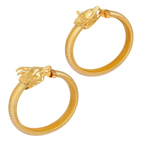 JewelryWe Pulsera para hombre de acero inoxidable con cabeza de lobo trenzado, cable vikingo, biker abierto, plateado/dorado/negro