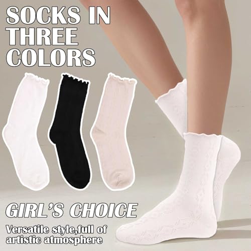 9 Pairs Ruffle Ankle Socks Women, Frilly Mesh Crew Socks Black White Beige2