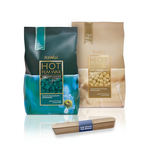Italwax Hard Wax Beads Bundle 2 x 500 g (2.2 lbs) Azulene & White Chocolate Stripless Wax for Hair Removal Fast & Long Setting Professional Waxing Kit with 12 Spatulas Made in Italy