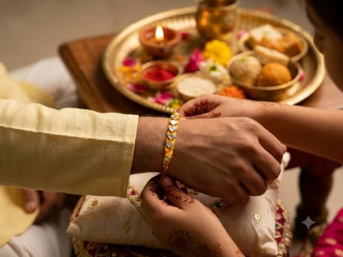 Image of Designer Stone Kundan Work Rakhi for Brother with Roli Chawal Pack Elegant Yellow Braided Thread Traditional Raksha Bandhan Rakhi Gift for Bhaiya #Kundan-4