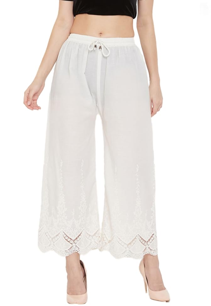 Women Cotton Applique Embroidered Work with Lace Palazzo || Cotton Chicken Pants Trouser for Women-image-42