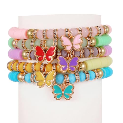 Image of COLORFUL BLING 4-5Pcs Adjustable Cute Butterfly Stackable Stretch Bracelet Multilayer Bohemian Crystal Beads Strand Wrap Bracelet Statement Jewelry Gifts for Women