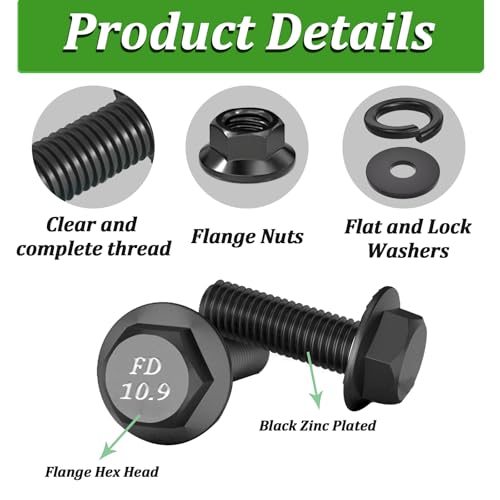 Image of 20 Set M6-1.0 x 30mm Flanged Hex Head Bolts,Flange Nuts,Flat & Lock Washers,10.9 Black Zinc Plated,Full Thread, Alloy Steel