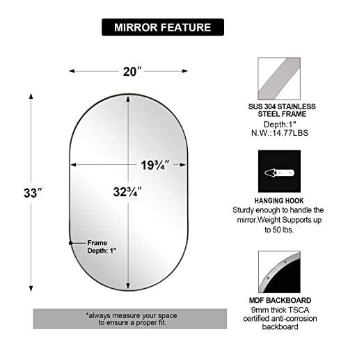 Andy Star Chrome Mirror For Bathroom, 20X33 Inch Chrome Oval Mirror, Polished Silver Bathroom Mirror, Chrome Wall Mirror Thin Frame Deep 1’’ Ideal For Limited Space #TOP2