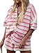 Acrawnni Damen 2-teiliges Häkelstrick-Short-Sets Ausgehöhlt Gestreift Kontrastfarbe Knopf Häkelstrick Oberteile Shorts Set Strand Lounge Sets, A-Pink, L