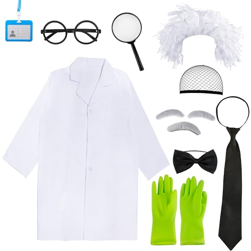 Puteraya 12 PCS Kids Old Man Mad Scientist Costume Crazy Physicist Wig Doctor White Lab Coat Costume for Halloween Cosplay Party (4-6 Years(115cm-125cm))