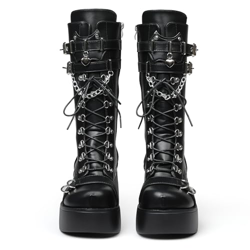 Women's Black Platform Boots Wedge Combat Gothic Chunky Heel Lace Up Mid Calf Punk Motorcycle Shoes4