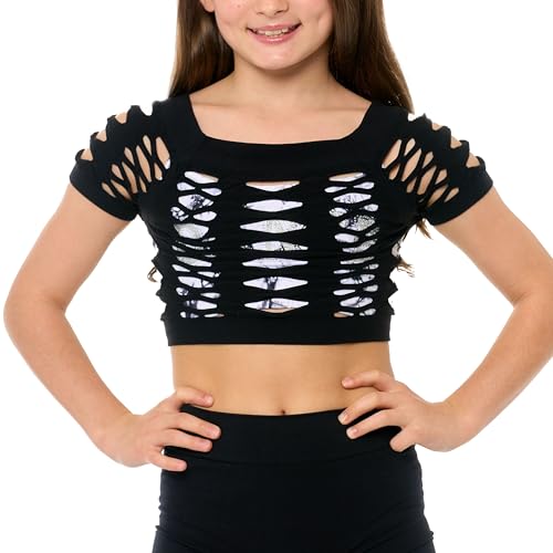 Girls Neon Fishnet Crop Top Sheer Mesh Short Sleeve Shirt for Back to School Dance Layering Ages 10-14