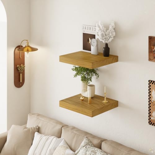 Image of 16 Inch Extra Deep Floating Shelves Set of 2-12 inch Wide Solid Paulownia Wood Wall Mounted Shelves, Natural Wood Finish, Heavy Duty Long Display Ledge for Kitchen, Living Room & Home Office
