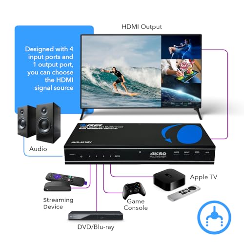 Image of OREI 4K Multi HDMI Viewer Quad 4 in 1 Out, Switcher 4 Ports Seamless IR Remote Support 4K @ 60Hz 1080P for PS4 /PC /DVD /Security Camera, HDMI Switch Optical Audio L /R Output - UHD-401MV