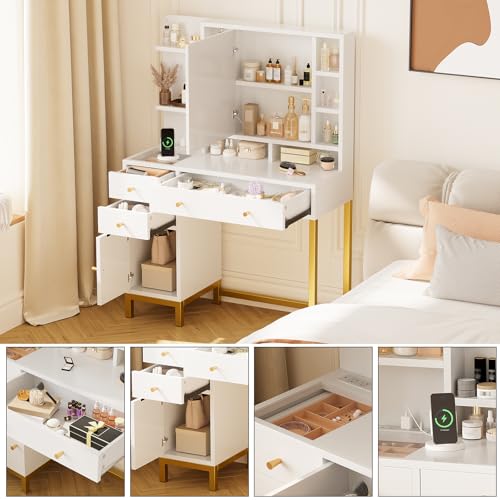 GAOMON 43.7'' White Vanity Desk Table with Lighted Mirror & Power Outlet, 3 Lighting Modes, Brightness Adjustable Vanity Table Makeup Vanity for Bedroom Dressing Room
