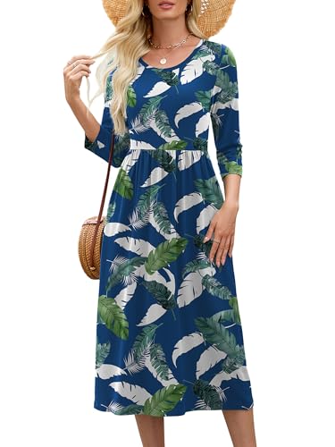 Image of Heymoments Women's Casual 3 /4 Sleeve Midi Dress Crewneck A Line Tiered Flowy Loose Travel Long Dresses with Pockets