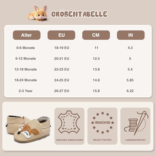 IceUnicorn Krabbelschuhe Baby Lauflernschuhe Jungen Mädchen Weicher Leder Babyhausschuhe Kleinkind Rutschfeste Lederschuhe Baby(Beige Fuchs, 12-18 Monate)