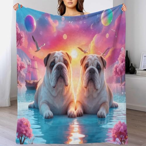 EMYXPAQM Manta Dos Bulldogs Ingleses De Franela, Manta De Nubes Rosadas para Sofá Y Cama, Suave Y Esponjoso para Viajes, Avión, Coche 40x50inch(100x130cm)