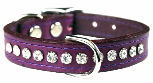 Image of Signature Leather Crystal Dog Collar, Grape Solid Grain Leather, Fits 7.5 inch-9.5 inch Neck Size, 12 inch Overall Length