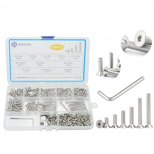 WZHUIDA 630 Stück M3 Schrauben Set, Edelstahl Senkkopfschrauben Metrisch Innensechskant Schrauben Muttern und Unterlegscheiben Sortiment Set, Gewindemaschinen Sechskantschrauben