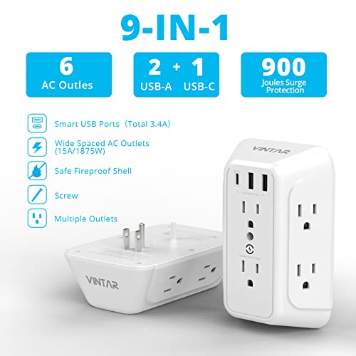 Usb Wall Charger, Surge Protector,6 Outlet Extender With 3 Charging Ports (1 C Outlet,3.4A) 900J Power Strip Multi Plug Outlets,Wall Mount For Home Travel Office Etl Listed #TOP1