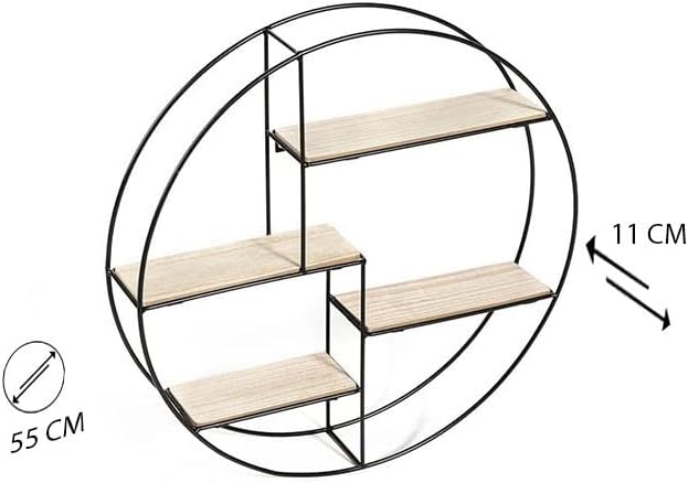 LIFA LIVING Round Wall Shelf Unit, 4 Tier Floating Shelves for Kitchen Bedroom Living Room, Wooden & Black Metal Mounted Shelves, Decorative Hanging Shelves, Pre-Assembled Shelving, 22x4,5 inches
