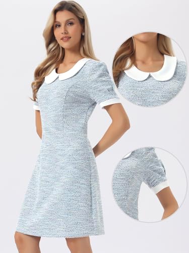 Image of Allegra K Peter Pan Collar Dresses for Women's Plaid Puff Short Sleeve Mini Tweed Dress
