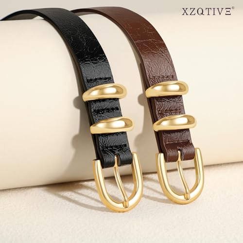 XZQTIVE 2 Pack Women's Skinny Leather Belts Ladies 0.78'' Thin Waist Belt for Jeans Dress Pants with Trendy Gold Buckle4