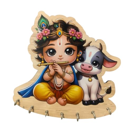 Image of Krishna Key Holder for Wall - Baby Krishna with Cow Key Stand with 7 Hooks - Wooden Wall Mounted Key Hanger for Home Decor - 7x9 Inch - No Drill Installation