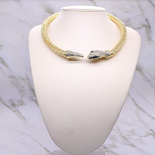 Punk Hip Hop Popular Crystal Curved Stretch Snake Necklace Adjustable Intertwine Gothic Cool Rhinestone Animal Collar Choker For Women Ladies Jewelry Accessories (Gold) #TOP4