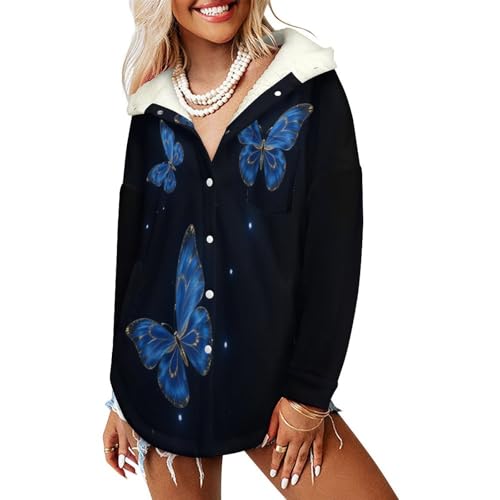 Veste polaire boutons femme noire à motifs papillons manteau chaud d'hiver avec capuche