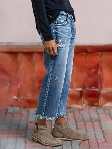 Flamingals Straight Leg Mid Rise Ripped Wash Raw Hem Casual Denim Bootcut Barrel Pants3