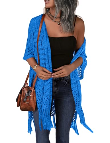 Image of HOTOUCH Womens Knit Cardigan Open Front Outwear Hollow Out Crochet Tassel Lightweight Kimonos Sweater S-XXL