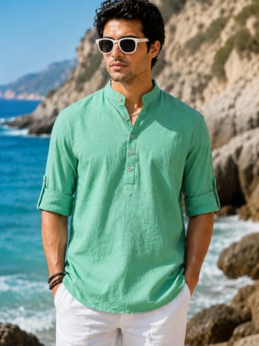 Image of Majestic Man Men's Pure Cotton Solid Mandarin Collar Slim Fit Roll-Up Sleeves Short Kurta Lightweight Summer Kurta for Daily & Occasion Use