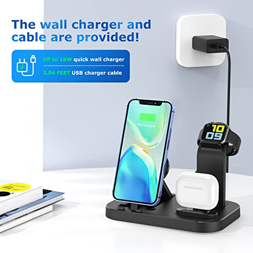 Charging Station For Multiple Devices Apple, 3 In 1 Charging Station For Iphone/Iwatch/Airpods, 15W Fast Charging Dock Compatible With Apple Watch Series 7/6/5/Se/4/3/2/1 With Block & Cable, Black #TOP3