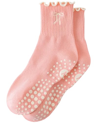 Image of Yawlsow Cute Pilates Grip Socks for Women Ruffle Frilly Yoga Socks Non Slip Cotton Crew Grippy Sock for Barre Workout