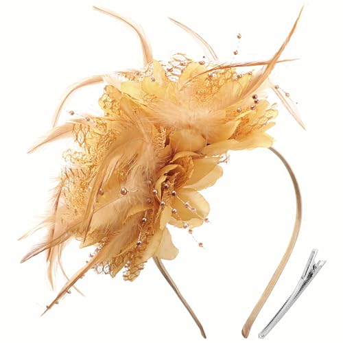 Image of DRESHOW Womens Fascinators Hats Tea Party Hats for Women Pearl Lace Feather Hat Vintage Derby Hats for Wedding Cocktail