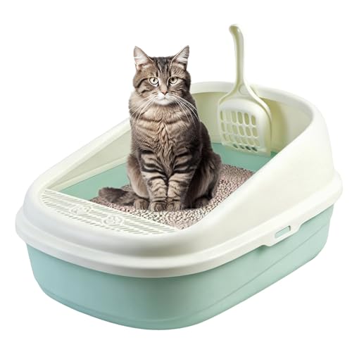 SKY-TOUCH Cat Litter Tray Box Litter Box with High Side Anti-Splashing Cats Litters Box Cat Toilet with Litter Sifting Scoop Filtered Litter Pedal Detachable Rim Easy Cleaning 51 * 38 * 22cm Green