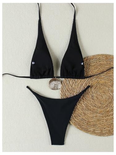Maillot de bain 2 pièces noir anti-marques de bronzage avec ficelles ajustables