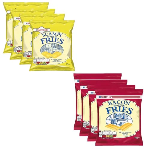 Smiths Scampi and Bacon Fries Bacon Fries 24g and Scampi Fries 27g Pub Card Bundle Snack With Lemon & Bacon Flavored for Light Snack (4 Scampi x 4 Bacon)