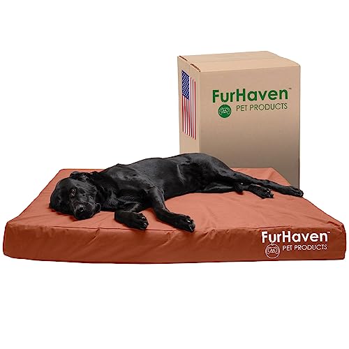 Image of Furhaven Water-Resistant Orthopedic Dog Bed for Large Dogs w / Removable Washable Cover, For Dogs Up to 125 lbs - Indoor /Outdoor Logo Print Oxford Polycanvas Mattress - Chestnut, Jumbo Plus /XXL