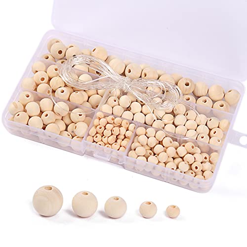 Wooden Beads for Crafting 220 Pcs Wooden Round Craft Beads Balls with Hole 6-14mm Small Wood Bead for Crafts Jewellery Bracelet Making