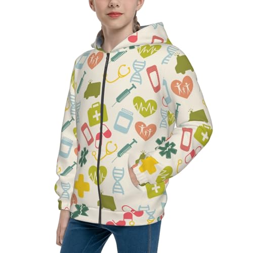 Medical Icons Kid Hoodies Boys Zip Up Sweatshirts Girls Pullover with Pocket