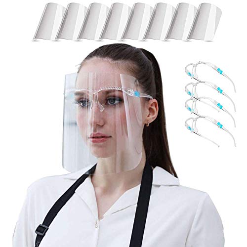 Safety Face Shield, Ultra Clear Protective Full Face Shields with 8 Replaceable Anti Fog Shields and 4 Reusable Glasses, Anti-Fog Face Visor Protect Eyes and Face from Droplet